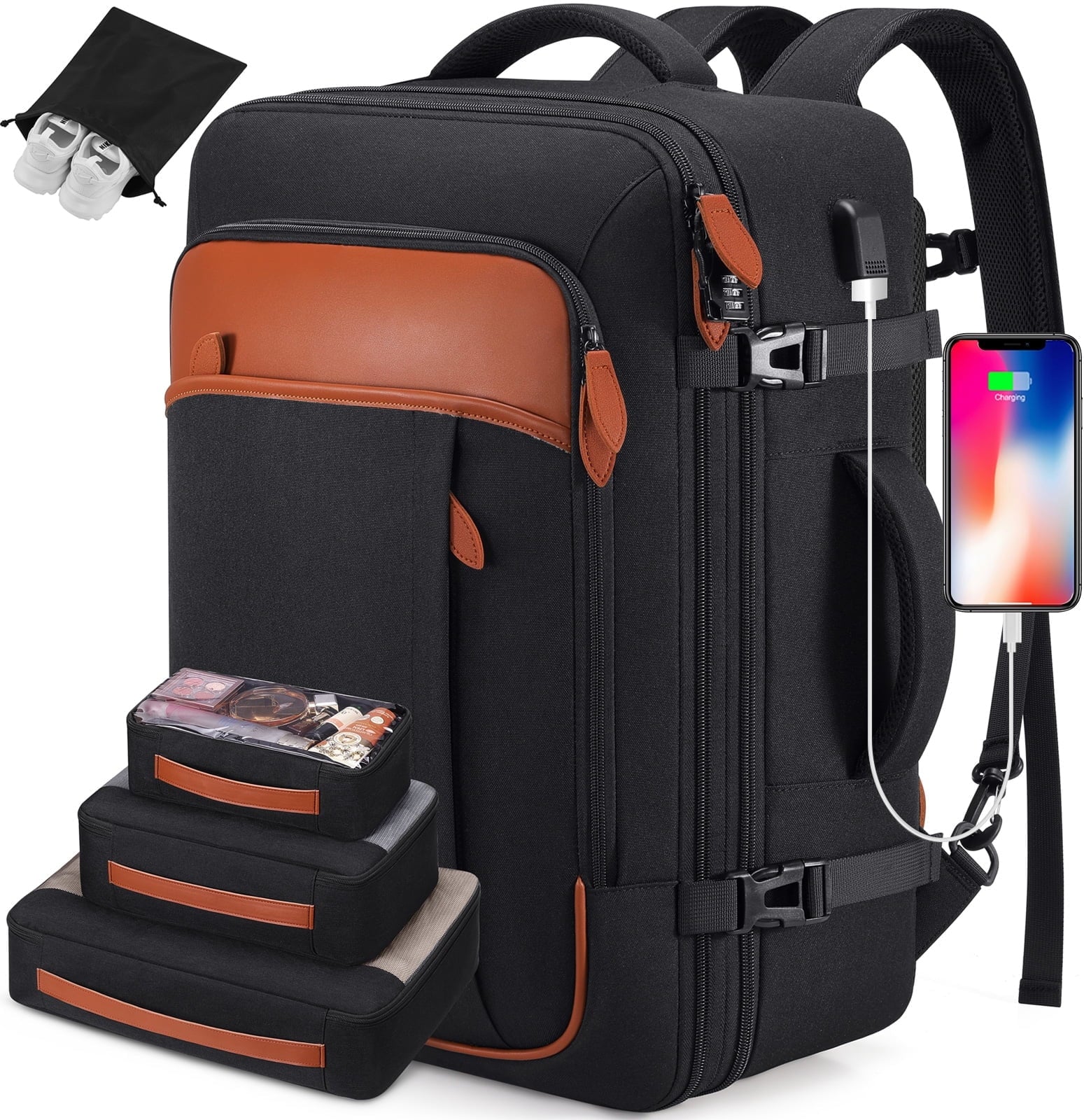 Travel Backpack for Men & Women Carry on Backpack Flight Approved Expandable 42L Waterproof Anti-Theft Personal Item Backpack with Packing Cubes and Shoe Pocket