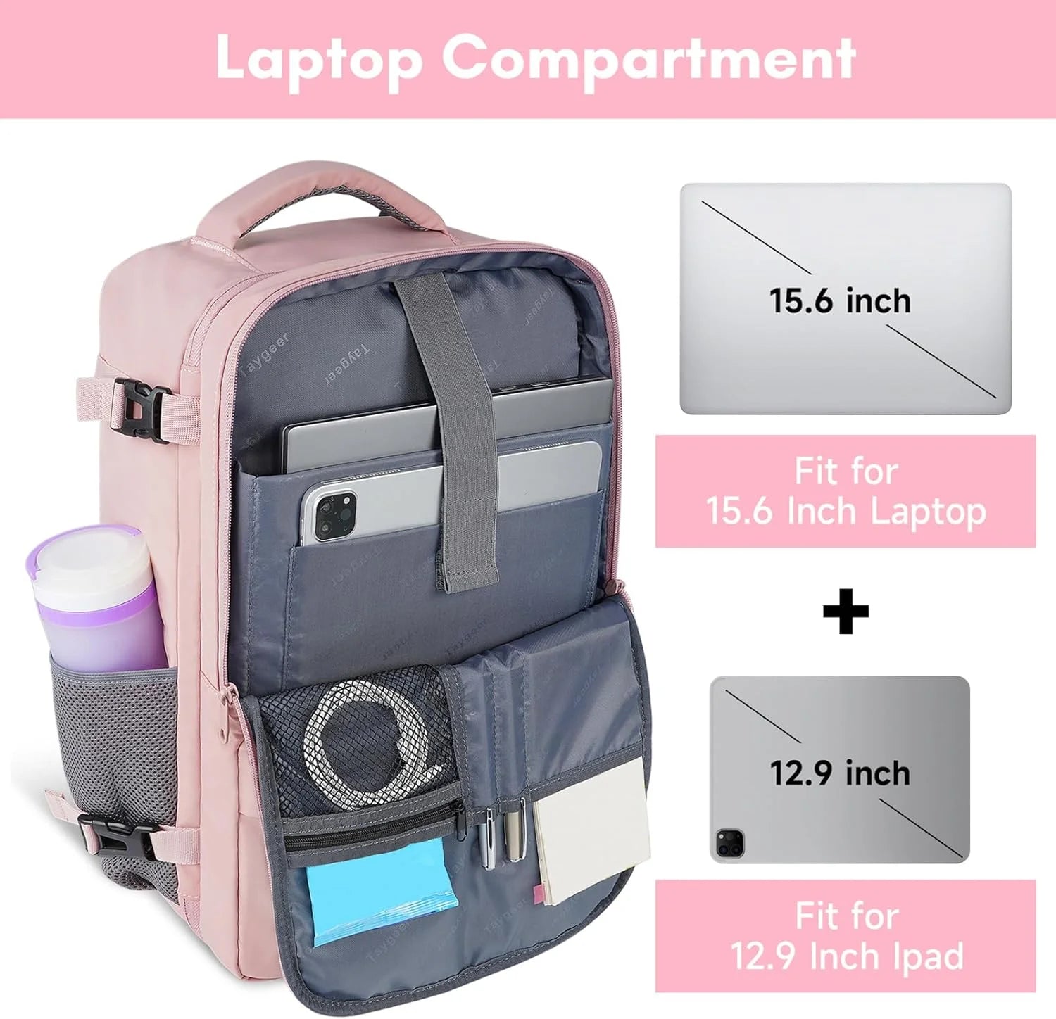 Travel Backpack for Women, Carry on Big Bag with USB Port, TSA 15.6In Laptop Bag Pink