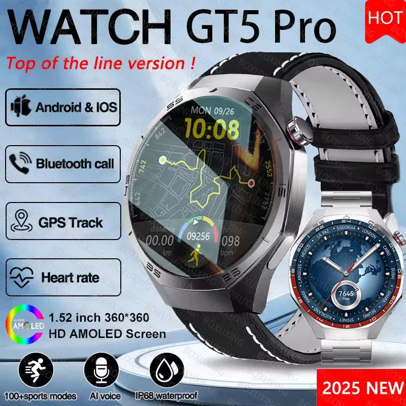 2025 New GT5 Pro Smart Watch Men 1.53 Inch AMOLED Screen GPS Track Sport Watches Heart Rate Waterproof Bluetooth Call Bracelet