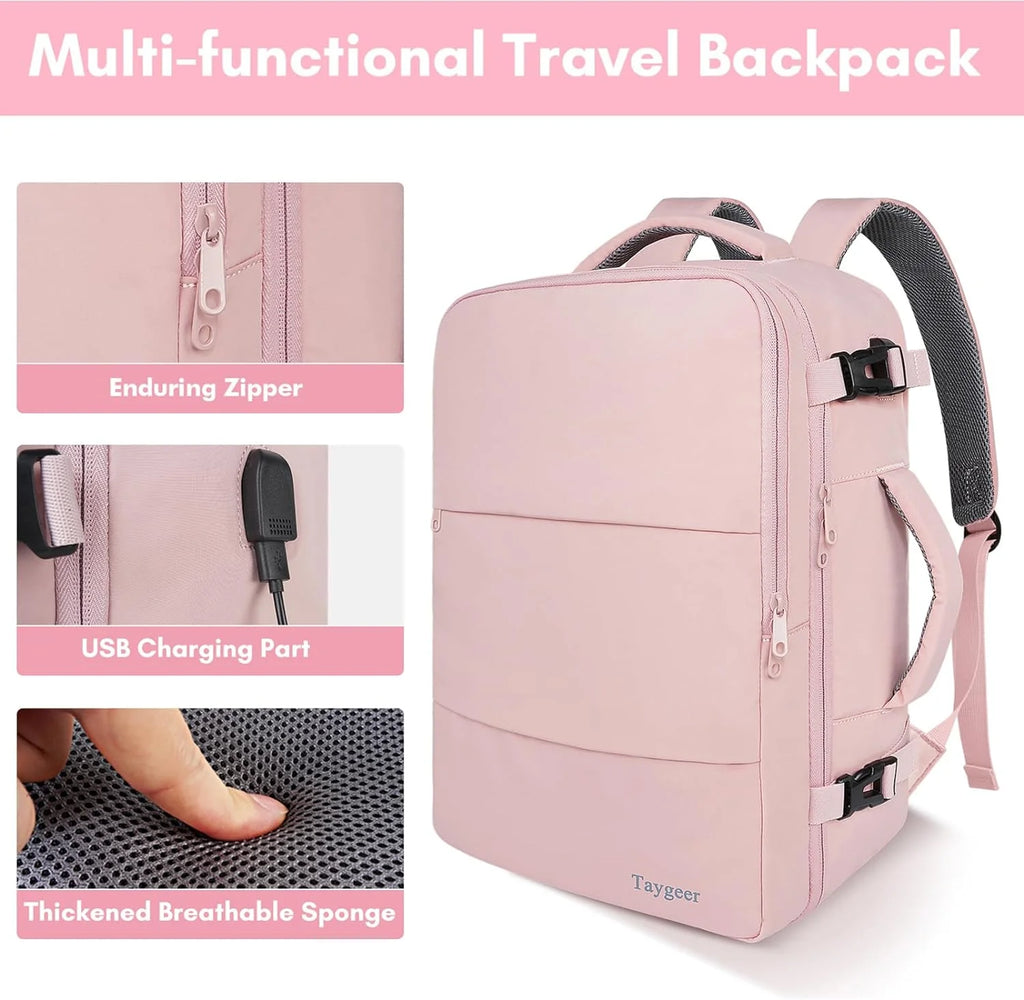 Travel Backpack for Women, Carry on Big Bag with USB Port, TSA 15.6In Laptop Bag Pink