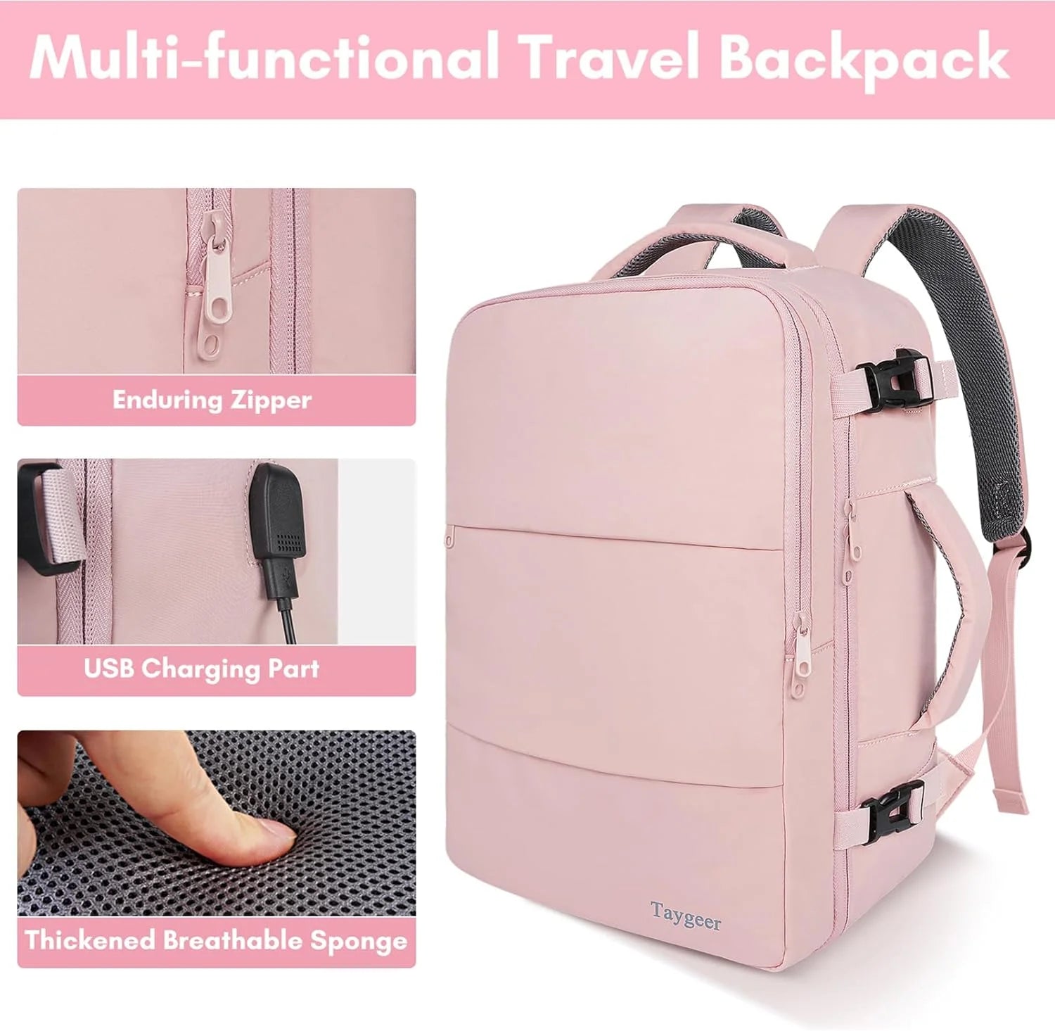 Travel Backpack for Women, Carry on Big Bag with USB Port, TSA 15.6In Laptop Bag Pink