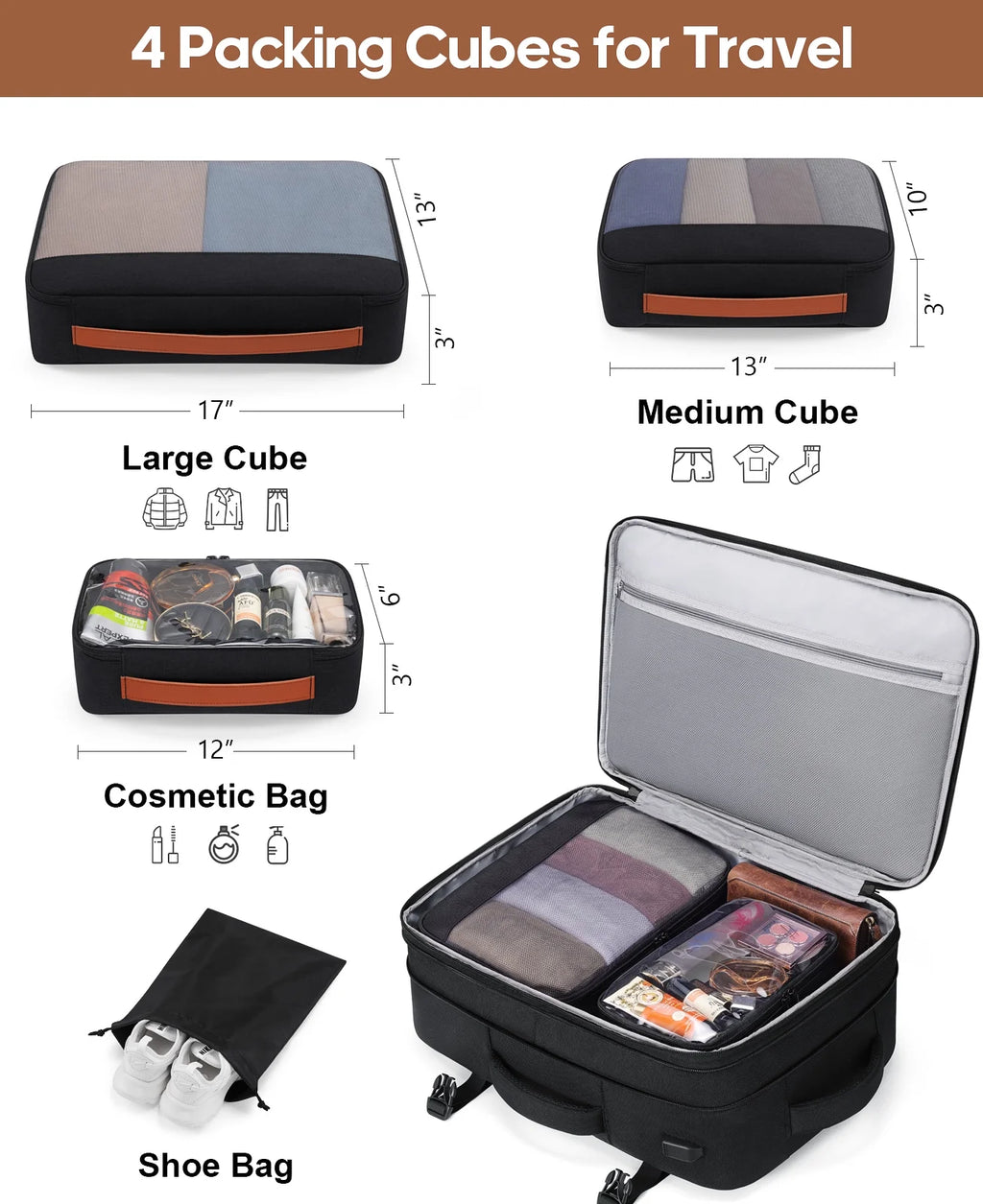 Travel Backpack for Men & Women Carry on Backpack Flight Approved Expandable 42L Waterproof Anti-Theft Personal Item Backpack with Packing Cubes and Shoe Pocket