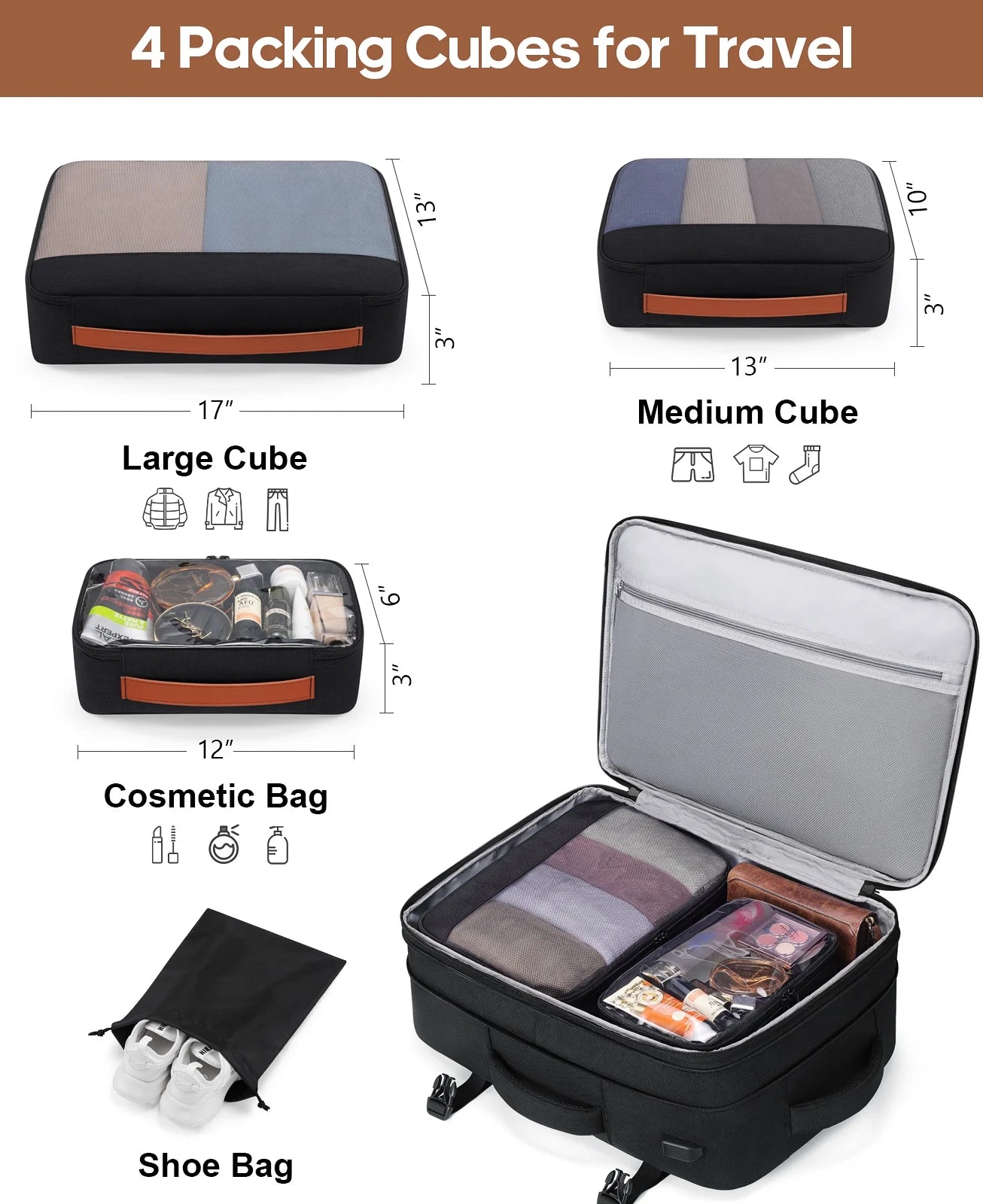 Travel Backpack for Men & Women Carry on Backpack Flight Approved Expandable 42L Waterproof Anti-Theft Personal Item Backpack with Packing Cubes and Shoe Pocket