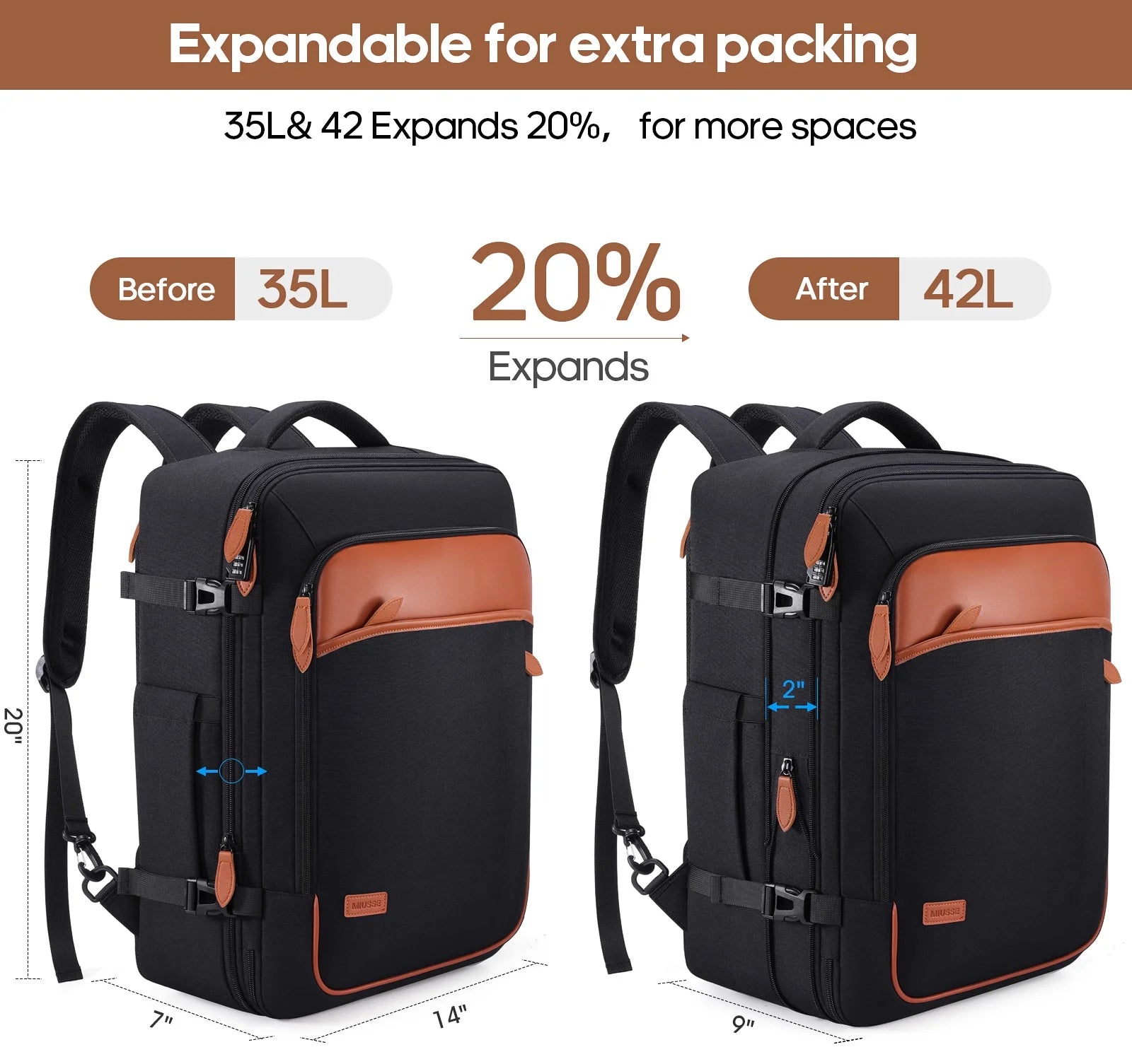 Travel Backpack for Men & Women Carry on Backpack Flight Approved Expandable 42L Waterproof Anti-Theft Personal Item Backpack with Packing Cubes and Shoe Pocket